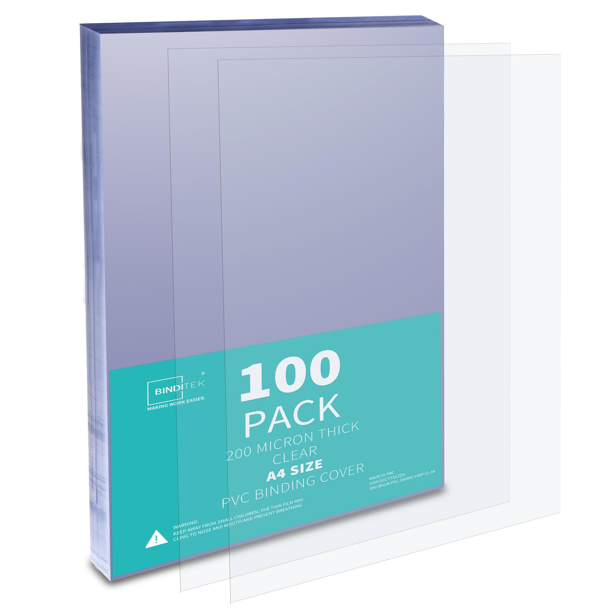 Binditek 100 Pack 200 Micron A4 Binding Covers, PVC Clear Binding Covers, Square Corners, Un-Punched, Office and School Supplies — image 1