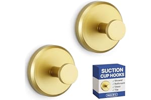 HOME SO Suction Cup Hooks for Shower, Bathroom, Kitchen, Glass Door, Mirror, Tile – Loofah, Towel, Coat, Bath Robe Hook Holder for Hanging up to 15 lbs – Waterproof, Matte Brushed Satin Gold (2-Pack)
