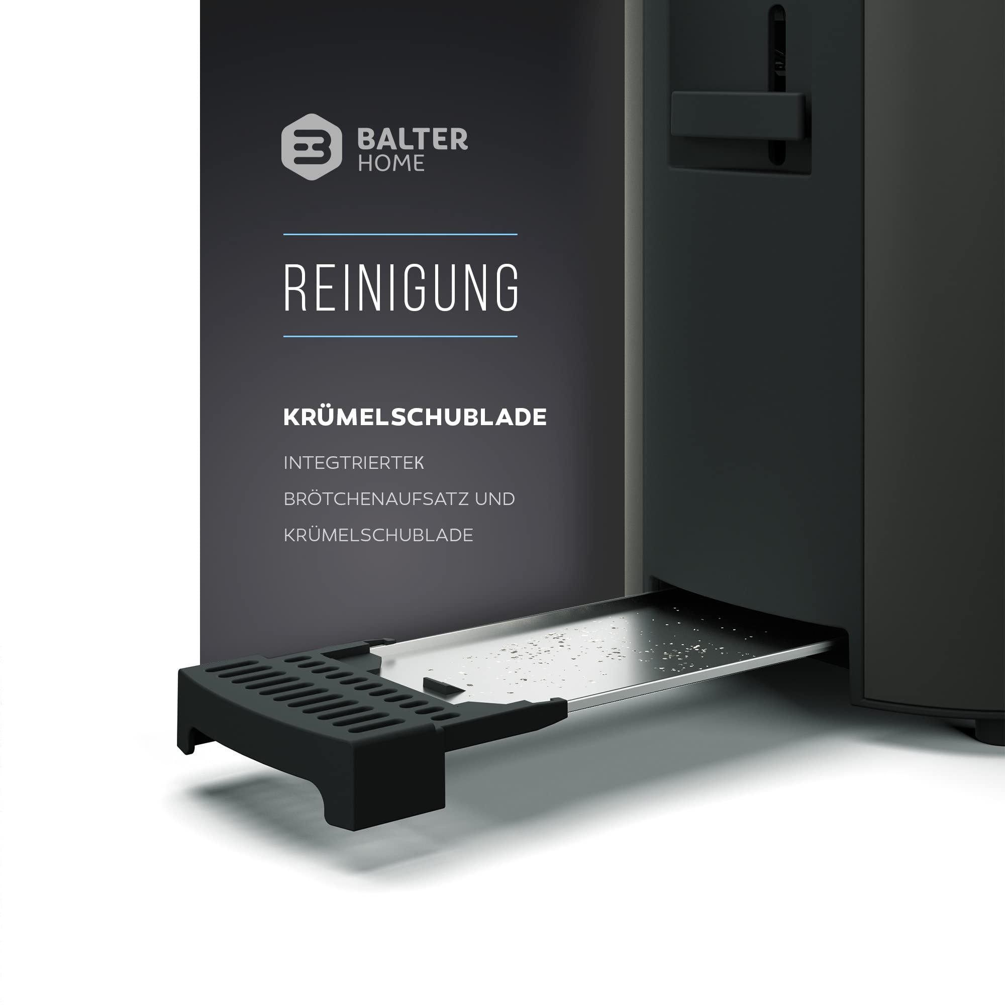 Balter Toaster 4 Scheiben, Langschlitz, Edelstahl, Brötchenaufsatz, LCD Display mit Restzeitanzeige, Auftaufunktion, Brotzentrierung, Krümelschublade, TS-04-LCD, Farbe: Schwarz 5