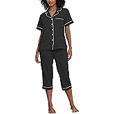 CF Pajama Sets for Women 2 Piece Soft Cotton Modal Short Sleeve Top With Capri Pants Button Down Summer Pjs for Women Set