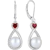 VESHON Heart Birthstone Pearl Earrings, 925 Sterling Silver Infinity Dangle Drop Leverback Earrings, 9mm Freshwater Cultured Pearl & 4mm Gemstone Jewelry Valentine's Day Gift for Women