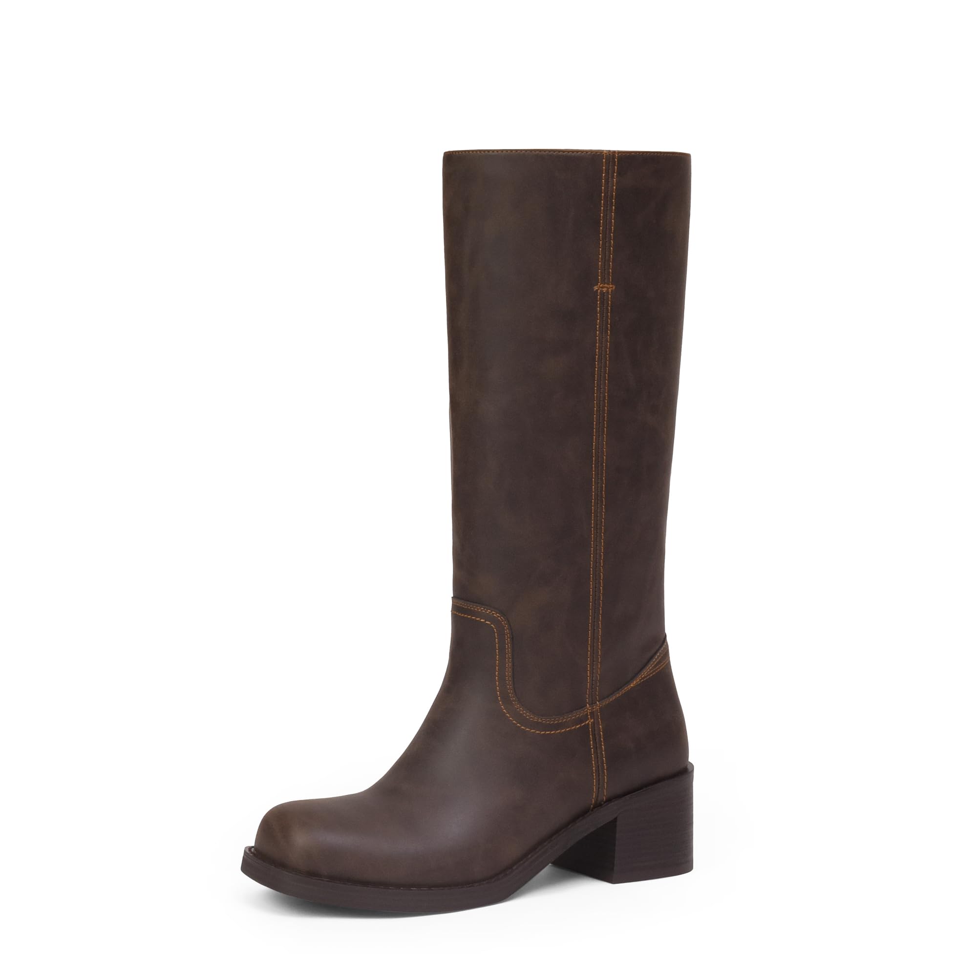 Photo 1 of Adolilove Mid Calf Boots for Women Chunky Block Heel Women’s Tall Boots Square Toe Comfortable Casual Boots Low Heel Trendy Stylish Boots, Matte Dark Brown, Size 9.5