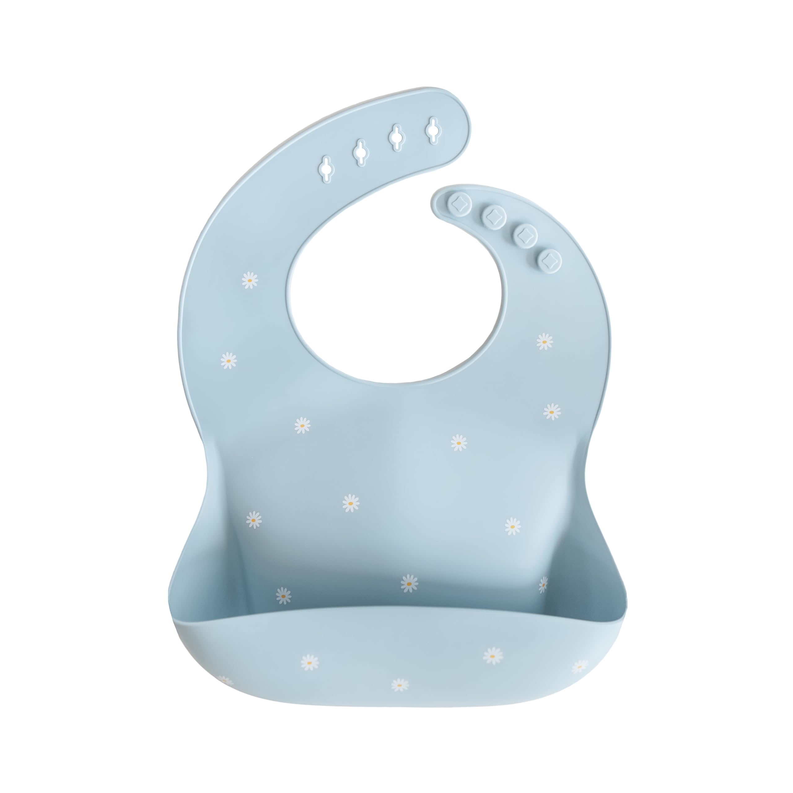 mushie Silicone Baby Bib | Adjustable Fit Waterproof Bibs | Easy Wipe Baby Feeding Bibs | 4 Adjustable Sizes with Deep Front Pockets | 100% BPA and Phthalate free | Designed in Sweden | White Daisy