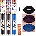 evpct 3Pcs Dark Blue Black Purple Matte Liquid Lipsticks Lip Gloss Stain Makeup Sets Smudge Proof, Skull Face 24 Hour Long Lasting Liquid Matte Lipstick Waterproof labial mate larga duracion 24