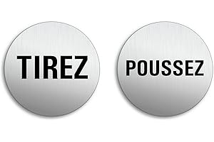 Door Plates - Tirez Poussez Diameter 75 mm Set of 2 Brushed Aluminium Stainless Steel Look Self-Adhesive