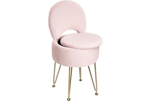 GREENSTELL Small Vanity Stool Chair with Storage and Folding Back, 13" x 13" x 17.7" Faux Fur Soft Ottoman for Teenager, 4 Metal Legs with Anti-Slip Feet, Furry Padded Seat for Makeup, Bedroom, Pink