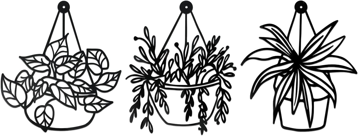 Plaques & Wall Art - Putuo Decor Metal Flowers Wall Art, Modern 3D Wall Hanging Plant Wire Art Decor, Black Metal Line Art Flower Silhouette for Patio Balcony, Bedroom, Living Room, Kitchen, Set of 3