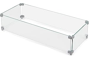 NUU GARDEN 27.6'' x 11.7'' x 6.5" Rectangular Fire Pit Wind Guard, Transparent Tempered Glass, Polished Aluminum Brackets, 3M Anti-Slip Pads, Fit for Best Choice 52-inch Fire Table WG01