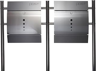 Sarah B Design Doppel Briefkastenständer Set (Ständer und 2 Briefkästen mit Zeitungsfach) Edelstahl 120 cm hoch in Silber.HPB38254 + HPB078-N1 Rostfrei