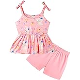 zarmfly Toddler Girls Clothes Summer Short Set Outfit Tie Knot Shoulder Sleeveless Ruffle Tops and Shorts 2PC Clothing Set