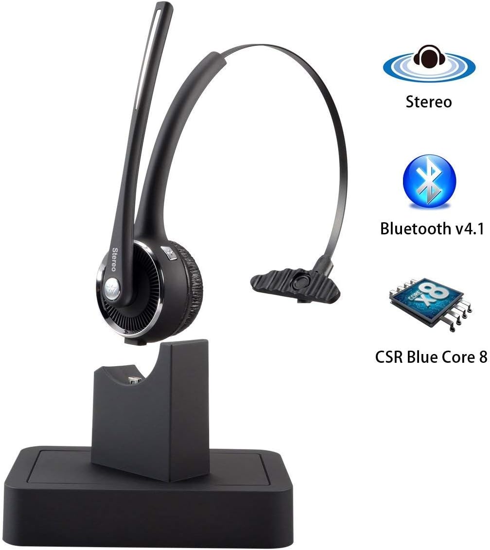 Bluetooth Headset Wireless Headset,VicTal Office Headset with Charging Base&Noise Canceling for Cell Phone Truck Driver Call Center Video Conference, Aviation, Visitor Guidance (Stereo Headset)