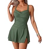 Fanuerg Women Tankini Swimsuit Two Piece Tummy Control Swim Dress Bathing Suit Ruched Swimdress Skirt Swimwear with Boyshorts Army Green XL