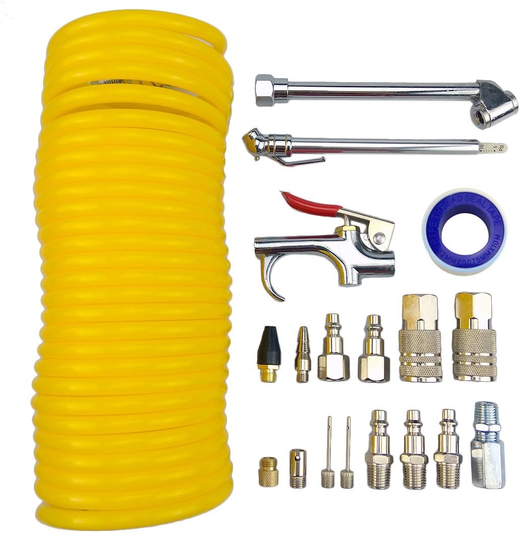 TuhooMall Air Compressor Accessory Kit, 1/4" NPT Air Tool Kit w/1/4 x25Ft Coil Nylon Hose /Blow Gun/ Tire Gauge - 20 Piece