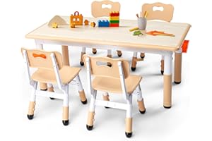 JOYMOR Height-Adjustable Kids Table and 4 Chairs Set, Toddler Table and Chair Set for Kids 2-8 Suitable for Crafts and Study, 2 Pen Boxes, Graffiti Tabletop, Anti-Slip Chair Legs (Beige)