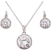 FAIRY COUPLE 18K White Gold Plated Jewelry Set, 11mm Round Cubic Zirconia Halo Pendant Necklace & 6mm Dangle Earrings, Hypoallergenic Bridal Wedding Prom Accessories for Women S70