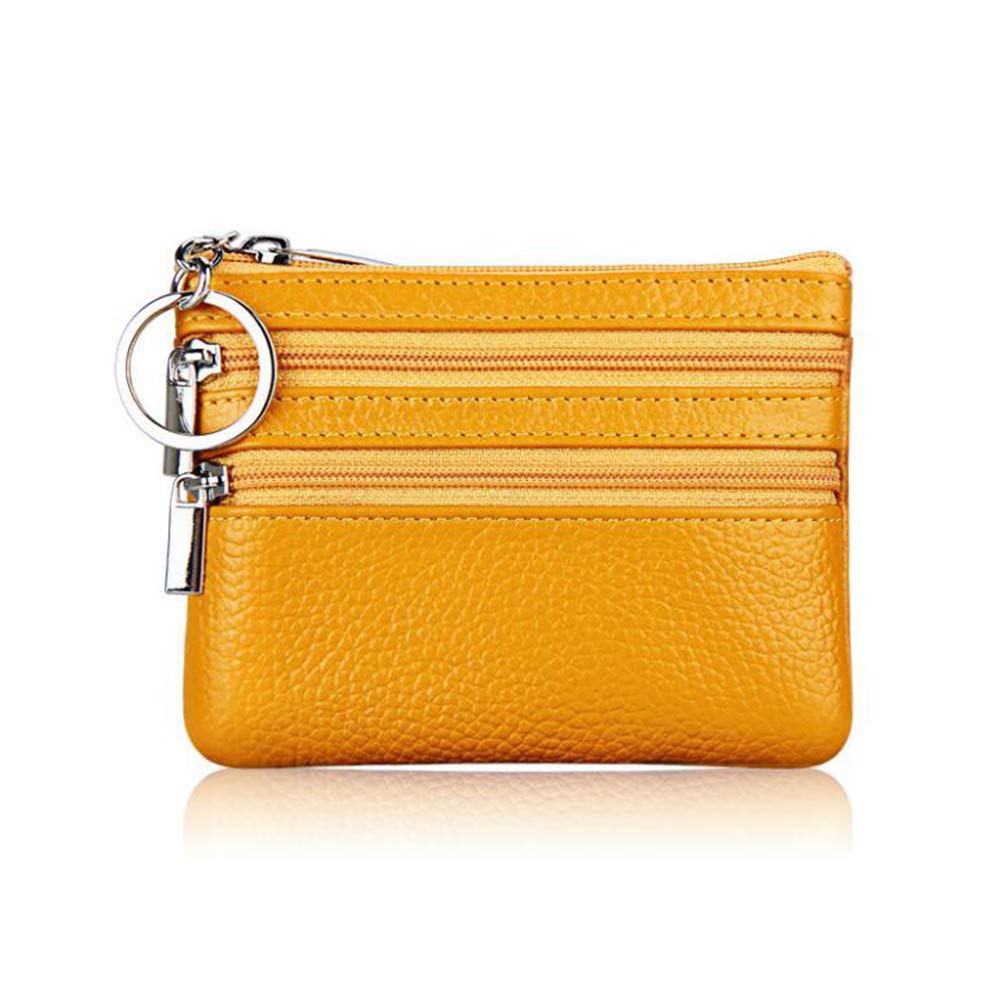 AprinCtempsD Ladies Genuine Leather Small Coin Purse with Zip Womens Mens Mini Wallet Pouch with Key Ring (Yellow)