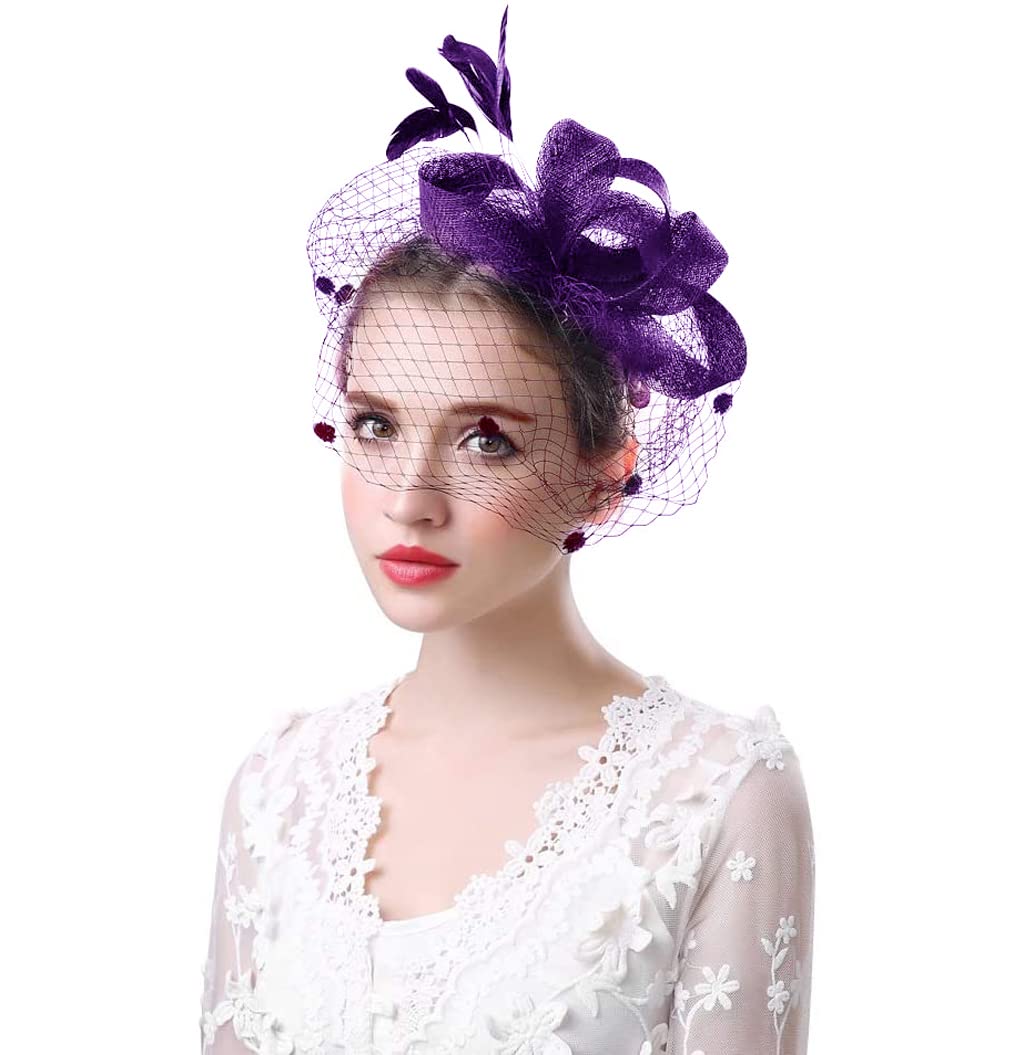 Women Ladies Feather Fascinator Hat with Veil Party Hat Wedding Bridal Hair Accessories Handmade Flower Bowler Pillbox Hat Top Hat Dot Mesh Net Veil with Hair Loop Race Hat for Evening Prom