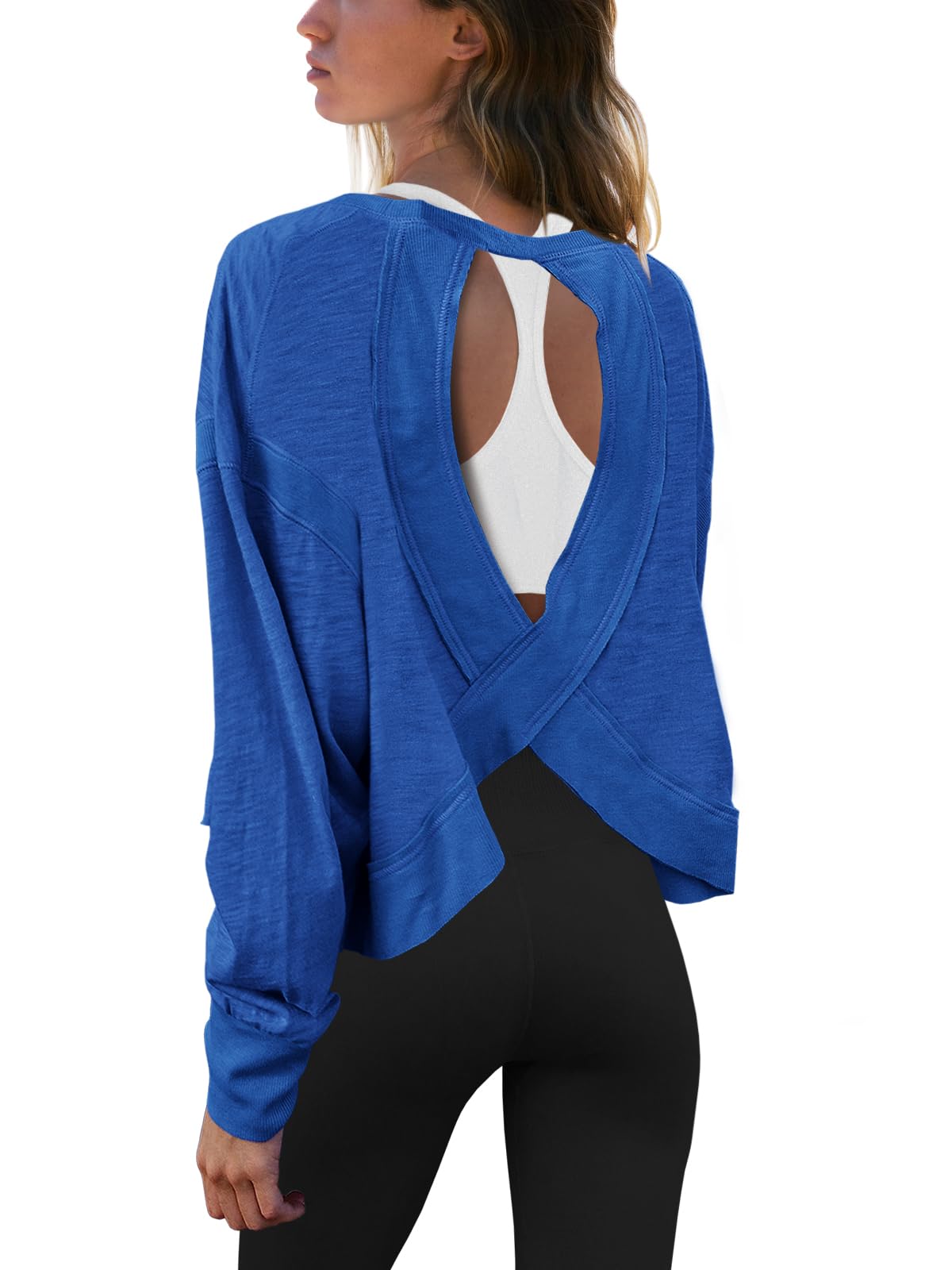 Photo 1 of (small) Panadila Womens Open Back Workout Top Long Sleeve Athletic Shirts Casual Crop Running Tee Y2k Yoga(Royal Blue,S)