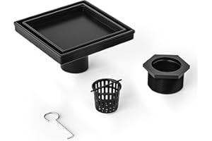 Bernkot Square Shower Drain 6", Matte Black Floor Drain with Tiled Insert Grate & Hair Strainer, 304 Stainless Steel Bathroom 2-in-1 Tiled in Drain, CUPC Certified (Matte Black, 6'')