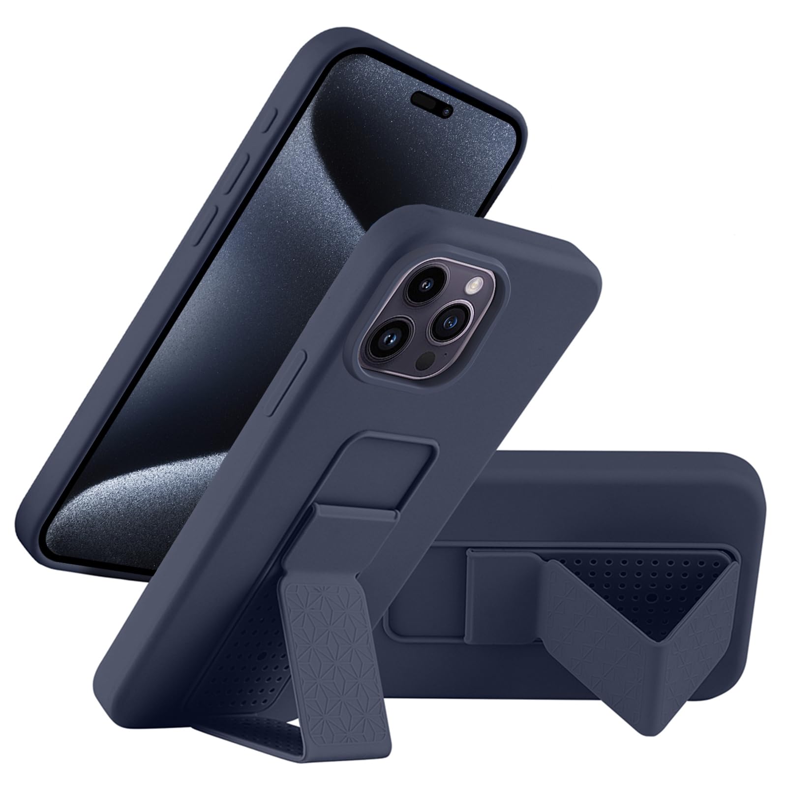 Photo 1 of LAUDTEC Silicone Kickstand Case Compatible with iPhone 15 Pro Max, Vertical and Horizontal Stand Hand Strap Metal Kickstand Cover, Flexible Soft Liquid Silicone Stand Case for iPhone 15 Pro Max (Blue)