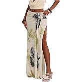 GORGLITTER Women's Floral Print Ruched Bodycon Maxi Skirts Trendy Dressy Fall Low Waisted Y2k Split Long Skirts 2025
