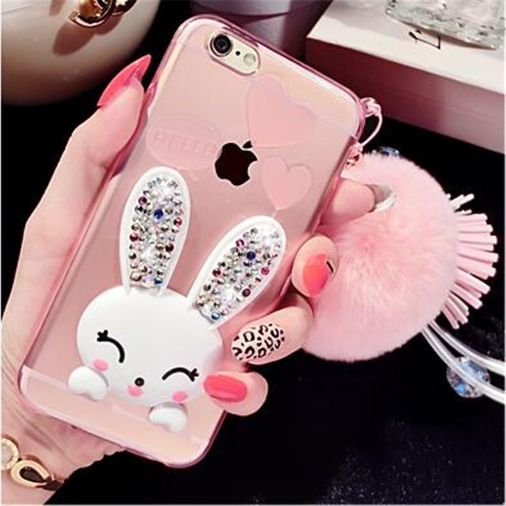 Galaxy S7 Edge Case with Chain,Cute Lovely Bunny Rabbit Silicone Soft Case Cover for Samsung Galaxy S7 Edge with Fur Ball (Pink)