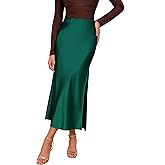 Plilima Women's Satin High Waisted Maxi Skirt Elegant Work Straight Skirts Side Split Elastic Waistband