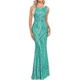 Sparkly Sequin Long Formal Evening Dresses for Women Mermaid Bodycon Boat Neck Prom Party Cocktail Dress