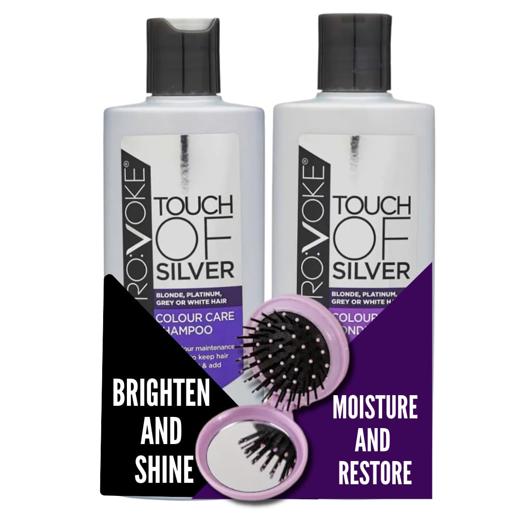 Provoke Touch Of Silver Colour Care Bundle – Neutralising Purple Shampoo & Conditioner (200ml Each) with Folding Hairbrush and Mirror – Brightens & Protects Colour, Restores Moisture for Radiant Hair
