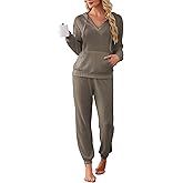 Famulily 2 Pieces Ribbed Knit Outfits Drawstring Hoodies Jogger Pants Matching Pajama Sets with Pockets
