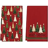 Artoid Mode Red Star Xmas Tree Merry Christmas Kitchen Towels Dish Towels, 18x26 Inch Farmhouse Holiday Winter Decoration Cleaning Set of 2