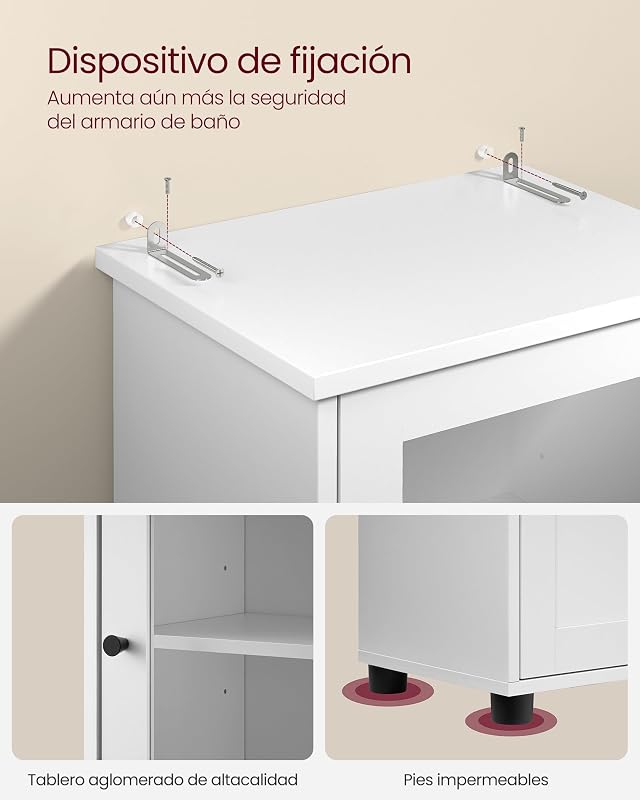 Mueble Baño, Armario Alto, Puerta de Cristal, Estrecho, con Patas