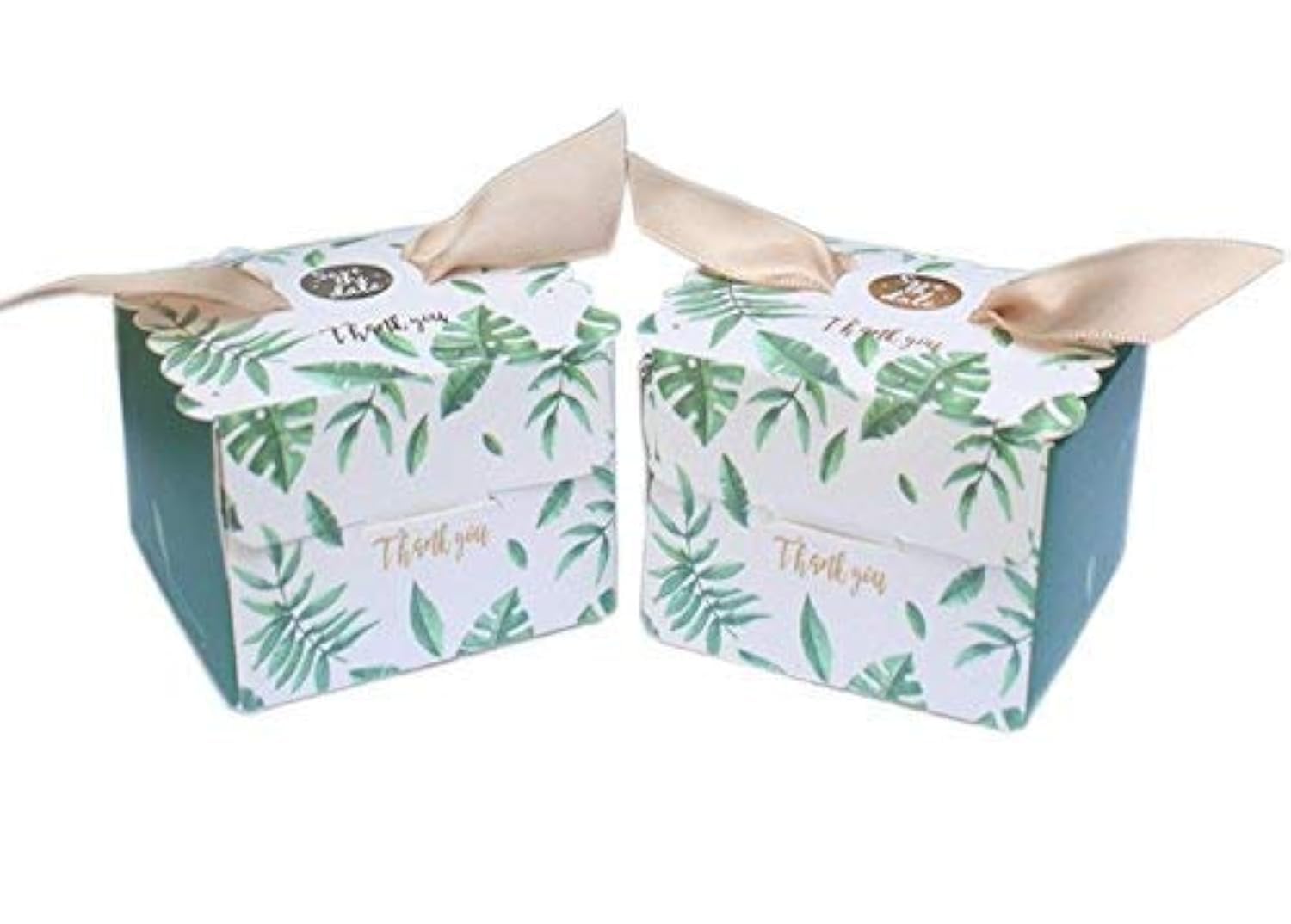AmaJOY 50PCs Palm Leaf Pattern Favour Box with Ribbon Elegant Candy Box for Wedding Favour Party Favor Baby Shower