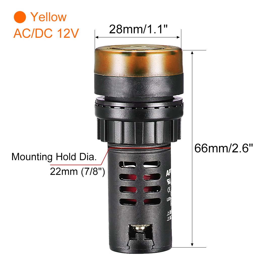 sourcing map 3Pcs Yellow Indicator Light with Buzzer AC/DC 12V, 22mm Panel Mount Flashing Alarm - Image 3
