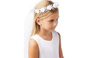 IGIRLDRESS Girls' White Pearl Rhinestone Center Floral Crown First Communion Flower Girl Head Wreath with Veil