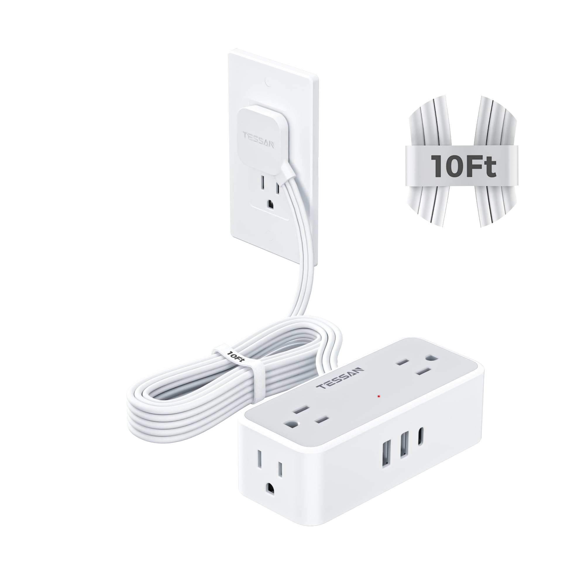 Photo 1 of Flat Plug Extension Cord 10 FT, TESSAN Surge Protector Power Strip with 4 AC Outlets 1 USB C and 2 USB A Ports, 900 Joules Protection, Multiple Wall Outlet Extender Suitable for Home Office Dorm