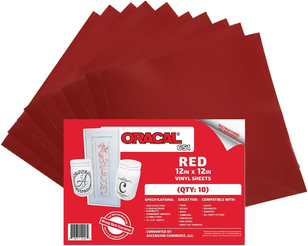 Amazon Com 10 12 X 12 Sheets Oracal 651 Red Adhesive Craft Vinyl For Cricut Silhouette Cameo Craft Cutters Printers And Decals Gloss Finish Outdoor And Permanent Arts Crafts Sewing