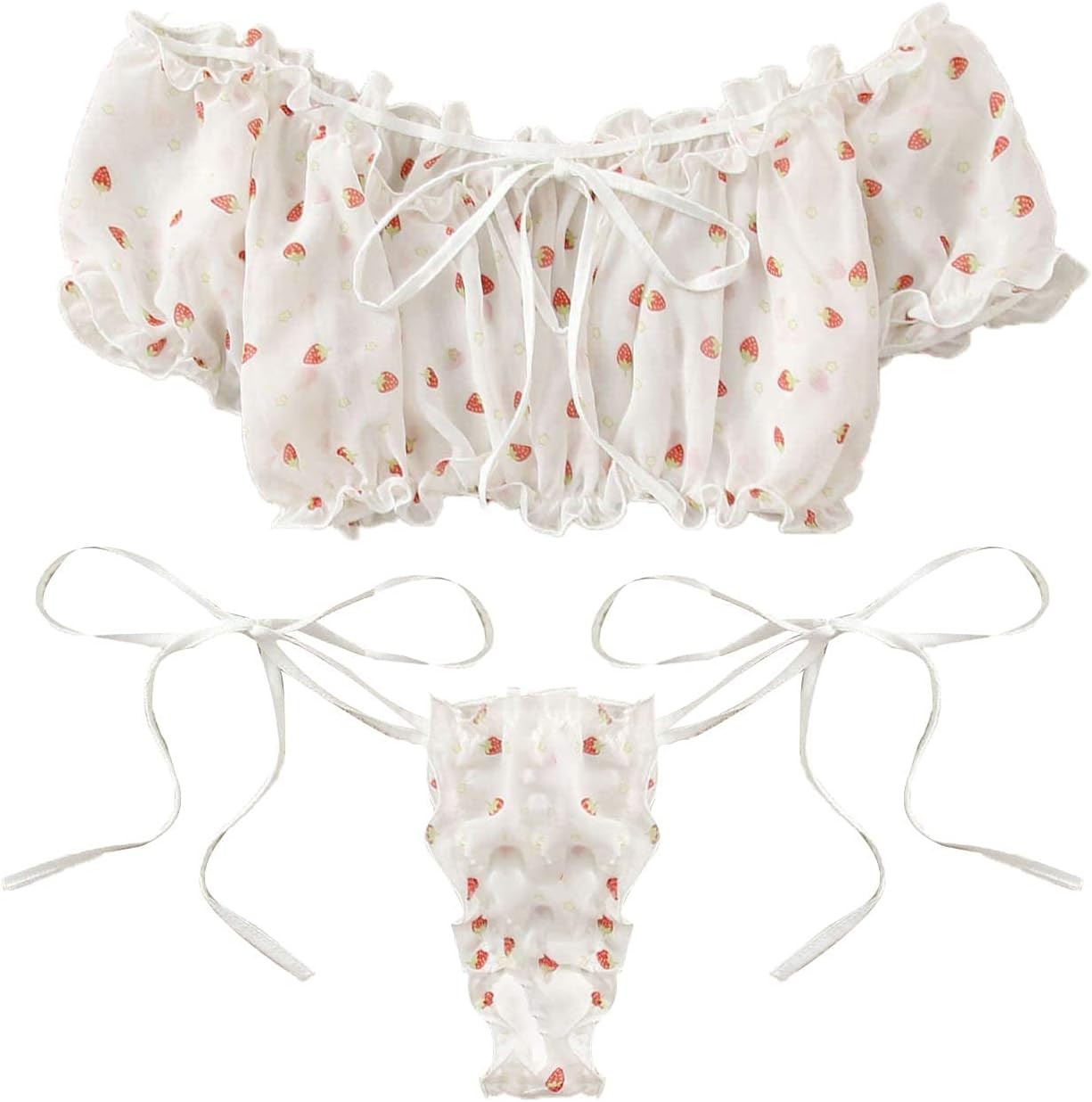 JasmyGirlsPlus Size Sexy Mesh Lingerie Set Kawaii Anime Cosplay Costume Cute Strawberry Pajamas See-Through Bra and Panty