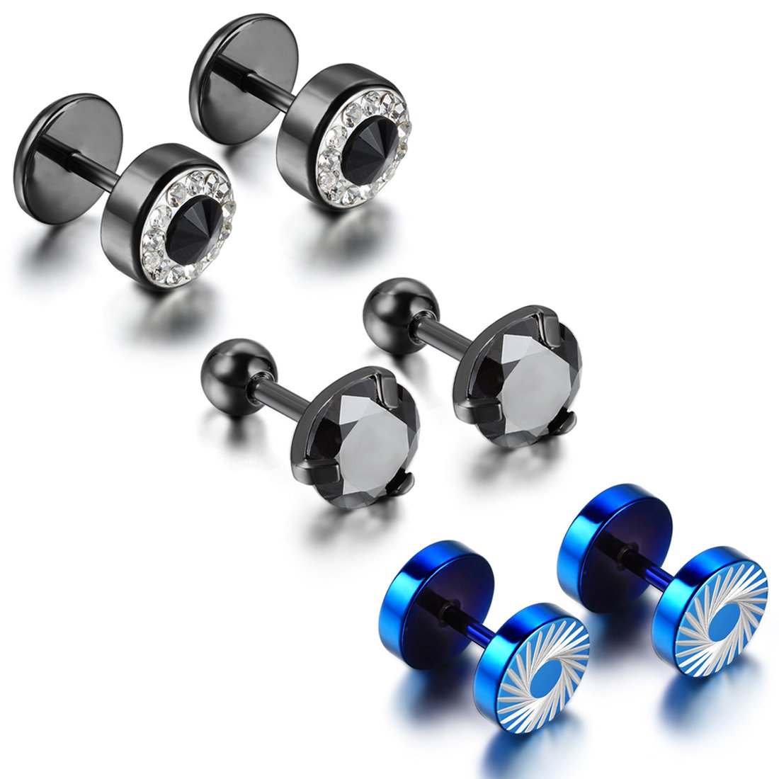 Cupimatch 6PCS Men's Stainless Steel Rhinestone Faux Illusion Stud Earrings Ear Plugs Tunnel Set (3 pairs) for Fathers Day