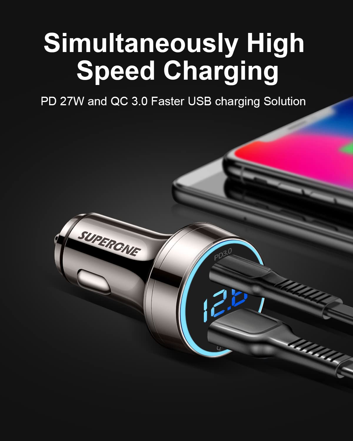 [Pure Copper] USB C Car Charger, SUPERONE 45W Dual USB Car Charger Adapter with 27W/20W PD Port, Fast QC3.0 LED Voltmeter for iPhone 15 14 13 Max/Pro/Plus/Mini, Pixel 7/6/5, Samsung S22/21 More