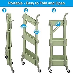 Foldable 3 Tier Rolling Cart, Metal Utility