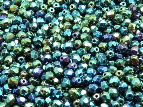 100pcs Czech Fire-Polished Faceted Glass Beads Round 4mm Jet Green Iris