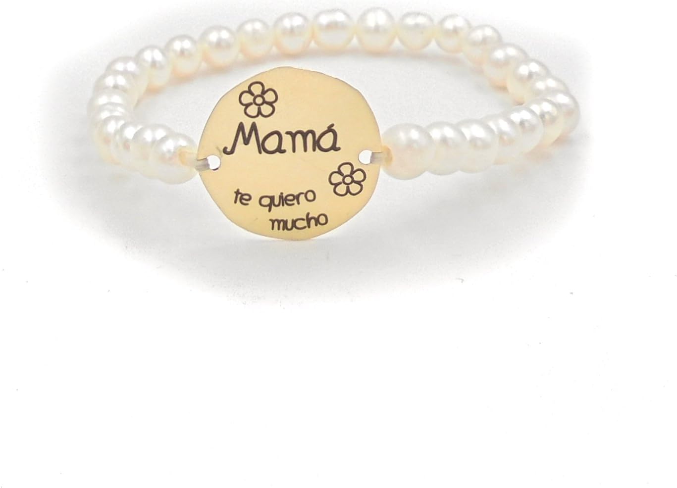 'Women Bracelet with Cultured Freshwater Pearl and Gold over Silver Plate with Small Drawings and Phrase Emotiva Mom I Love You Much "