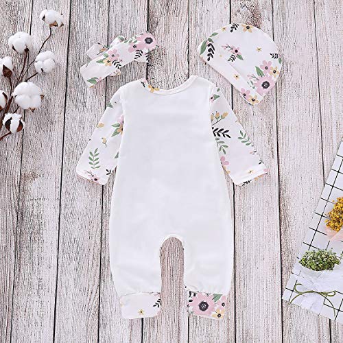 3Pcs/Set Baby Girl Toddler Floral Outfit Clothes Set Romper + Hat + Bowknot Headband (Color : White 100)
