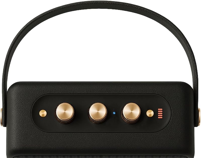 Flow Bluetooth Speaker - Coluna estéreo portátil sem fios resistente à água IP67, reprodução de 5 horas, carregamento USB-C, design retro com controlos dourados