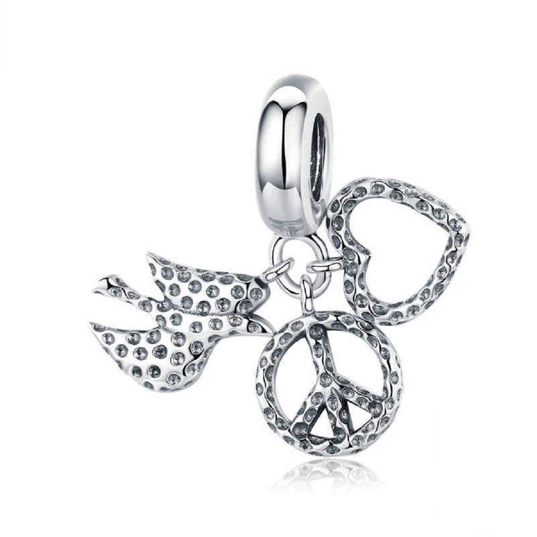 FeatherWish World Peace Love Freedom Bird Charm Sterling Silver 925 Fits And Compatible With Pandora Bracelets Gift For Friend Mum Sister Daughter Birthday (Love Peace Freedom)