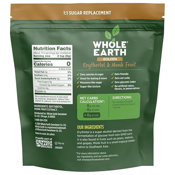 WHOLE EARTH, PLANT-BASED SUGAR ALTERNATIVE – GOLDEN SWEETENER ERYTHRITOL & MONK FRUIT, ZERO CALORIES, NO ARTIFICIAL COLORS AND KETO FRIENDLY (32OZ / 2LB)