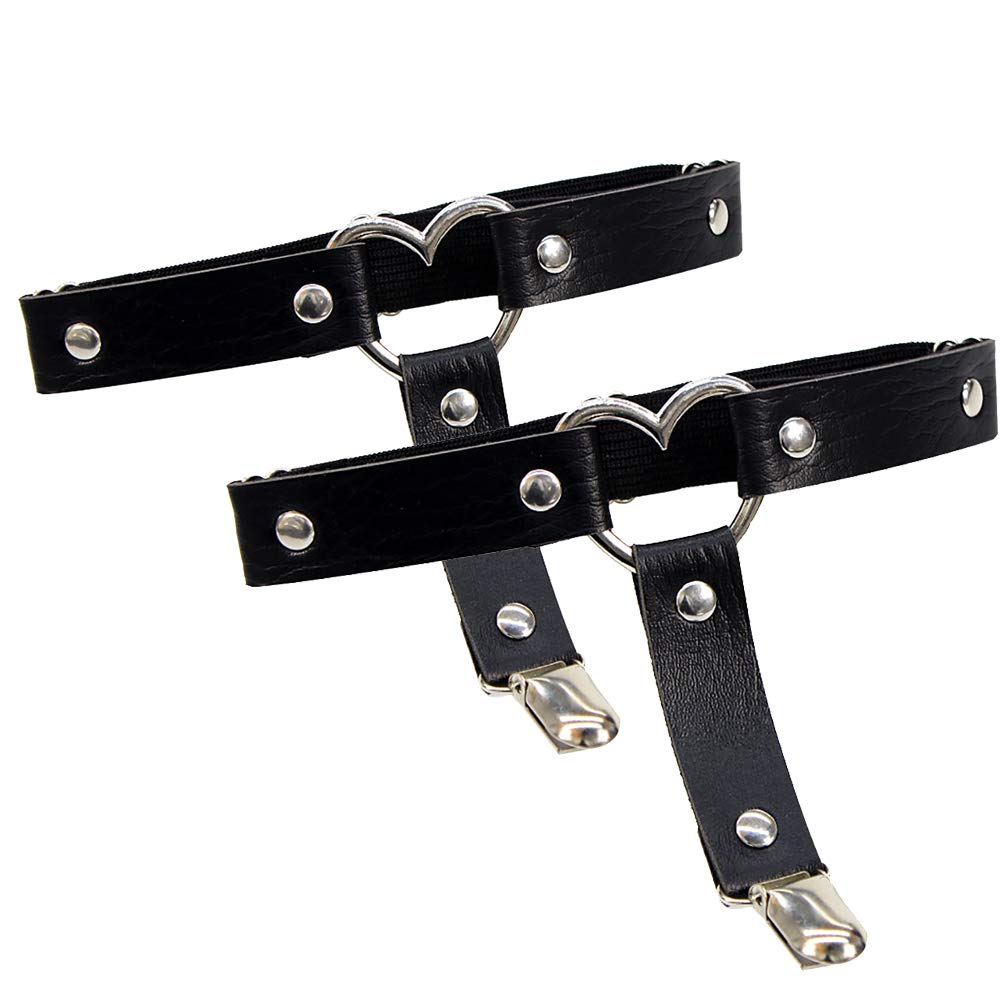 JIHUOO 2 Pcs Gothic Heart Garters Leg Ring Punk Harness Thigh Garter with Metal Clip Black