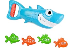 INvench Shark Grabber Baby Bath Toys - Blue Shark with Teeth Biting Action Include 4 Toy Fish - Bath Toys for Kids Ages 4-8 Boys Girls Toddlers Pool Toys