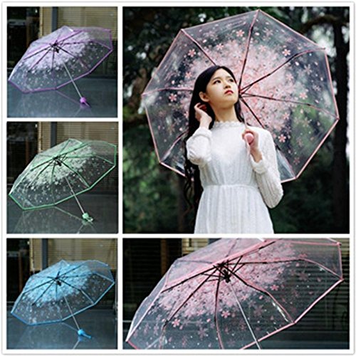 1pc Three Fold Umbrella Women Transparent Clear Cherry Blossom Mushroom Sakura Folding Sunshade Rain Umbrellas by Xiaolanwelc (Green)